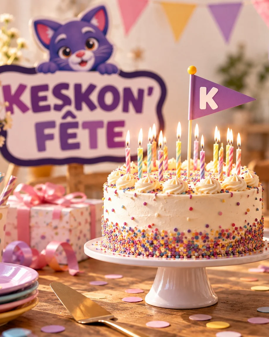 Gâteau d'anniversaire Keskon'fête à bougies, ballons, fanions et Krokette